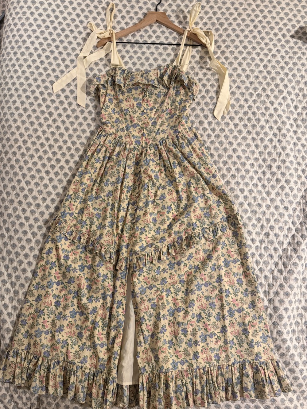 MARBLE Cream Floral Tie-Shoulder Ruffle Dress with Blue & Pink Accents